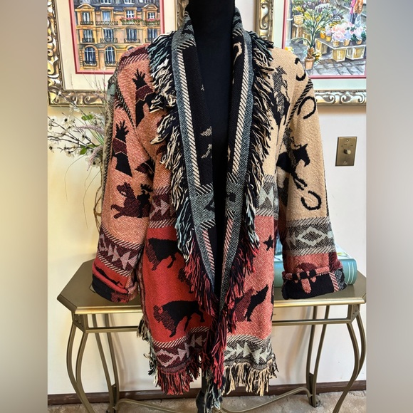 WRAPPER VINTAGE NATIVE WESTERN TAPESTRY FRINGE WRAP BLANKET COAT JACKET SIZE OS - Picture 12 of 15
